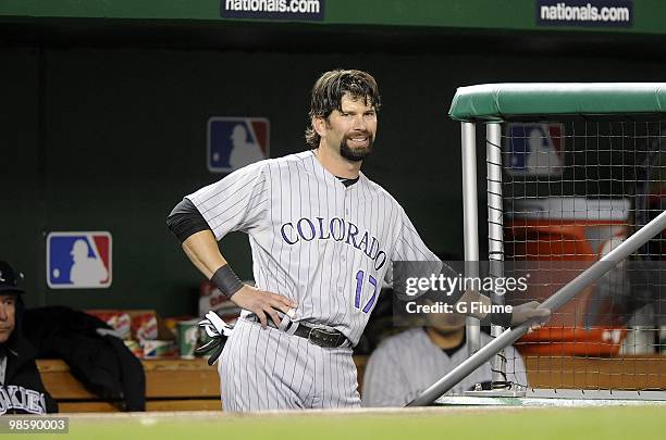 Todd Helton of the Colorado Rockies watches the game against the Washington Nationals April 20, 2010 at Nationals Park in Washington, DC.