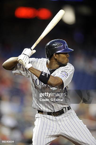 Dexter Fowler of the Colorado Rockies bats against the Washington Nationals April 20, 2010 at Nationals Park in Washington, DC.