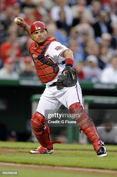 Ivan Rodriguez of the Washington Nationals throws the ball to first base against the Colorado Rockies April 20, 2010 at Nationals Park in Washington,...