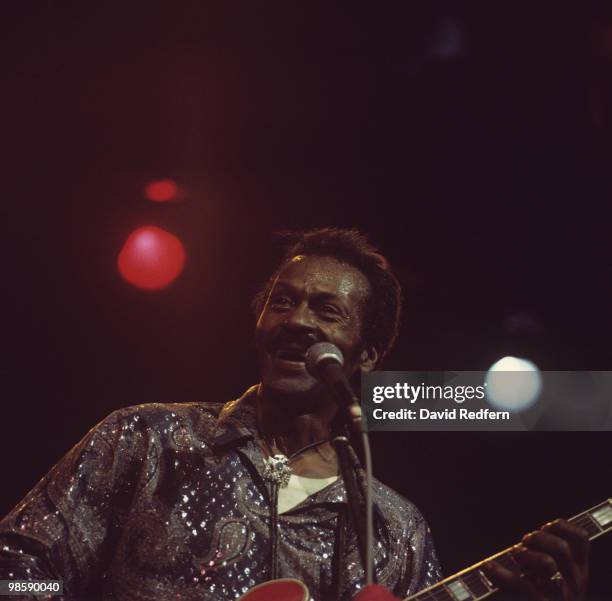 American singer, songwriter and guitarist Chuck Berry performs live on stage circa 1976.