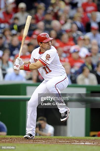 Ryan Zimmerman of the Washington Nationals bats against the Colorado Rockies April 20, 2010 at Nationals Park in Washington, DC.