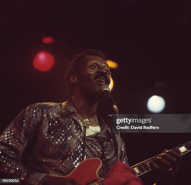 American singer, songwriter and guitarist Chuck Berry performs live on stage circa 1976.