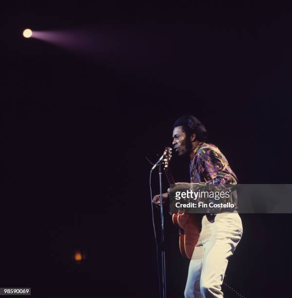 American singer and guitarist Chuck Berry performs on stage at the Rainbow Theatre in London, England on September 07, 1973.