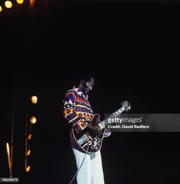 American singer, songwriter and guitarist Chuck Berry performs live on stage at the Jazz A Juan Festival held in Antibes, France on July 24, 1990.