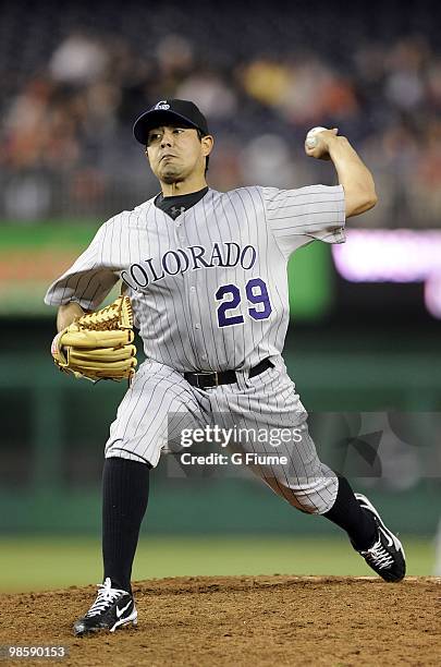 Jorge De La Rosa of the Colorado Rockies pitches against the Washington Nationals April 20, 2010 at Nationals Park in Washington, DC.