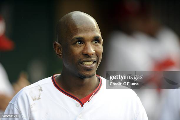 Nyjer Morgan of the Washington Nationals walks in the dugout before the game against the Colorado Rockies April 20, 2010 at Nationals Park in...