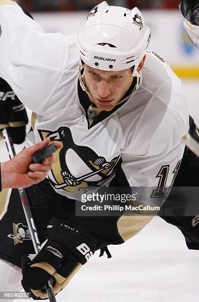 Jordan Staal of the Pittsburgh Penguins gets set for a face off against the Ottawa Senators during Game 3 of the Eastern Conference Quaterfinals...