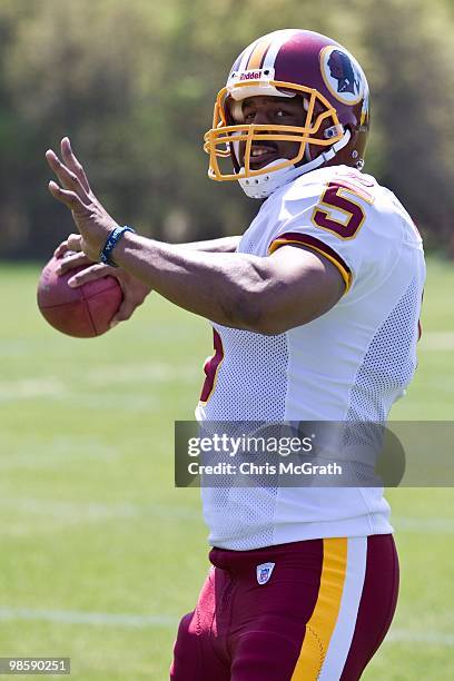 Washington Redskins Donovan McNabb works out at the Washington Redskins training facility on April 15, 2010 in Ashburn, Virginia