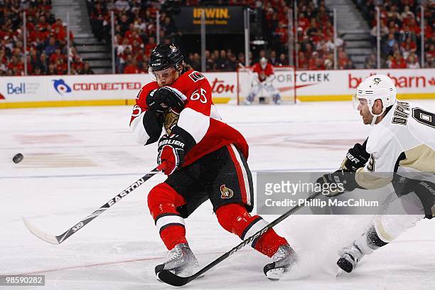 Erik Karlsson of the Ottawa Senators plays the puck against the Pittsburgh Penguins during Game 3 of the Eastern Conference Quaterfinals during the...