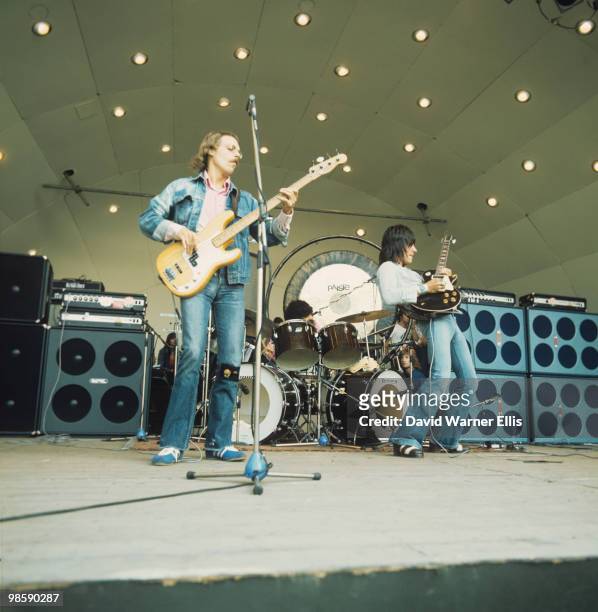 Bass player Tim Bogert, drummer Carmine Appice and guitar player Jeff Beck perform on stage as Beck, Bogert & Appice at Crystal Palace in London,...