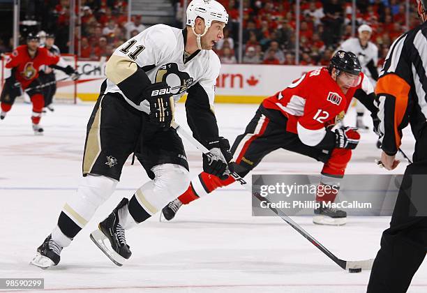 Jordan Staal of the Pittsburgh Penguins skates with the puck against the Ottawa Senators during Game 3 of the Eastern Conference Quaterfinals during...