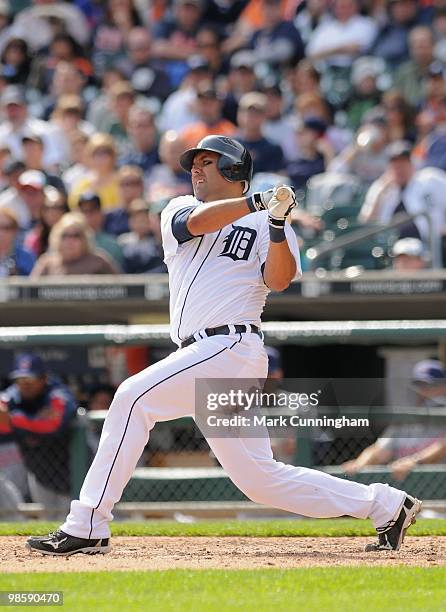 Gerald Laird of the Detroit Tigers bats against the Cleveland Indians during the game at Comerica Park on April 11, 2010 in Detroit, Michigan. The...