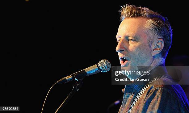 Musician Billy Bragg and his band perform at a photocall to promote his "Pressure Drop" production at the Wellcome Collection on April 21, 2010 in...