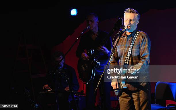 Musician Billy Bragg and his band perform at a photocall to promote his "Pressure Drop" production at the Wellcome Collection on April 21, 2010 in...