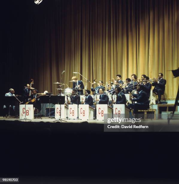 American jazz pianist and composer Count Basie performs live on stage with his orchestra during a performance at the Carnegie Hall as part of the...
