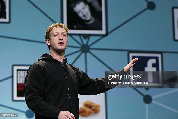 Facebook founder and CEO Mark Zuckerberg delivers the opening keynote address at the f8 Developer Conference April 21, 2010 in San Francisco,...