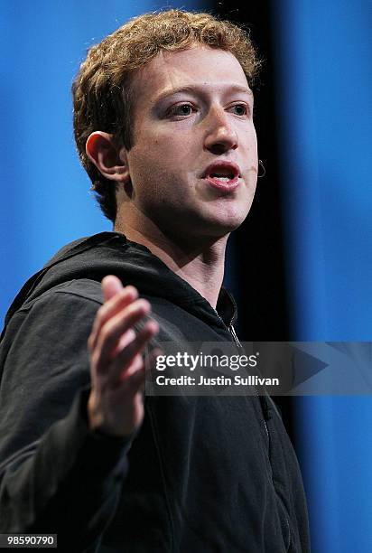 Facebook founder and CEO Mark Zuckerberg delivers the opening keynote address at the f8 Developer Conference April 21, 2010 in San Francisco,...