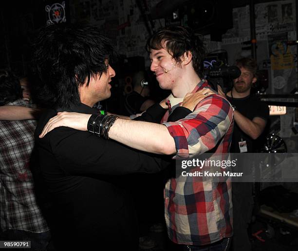 Exclusive* Billie Joe Armstrong of Green Day backstage with cast member John Gallagher Jr. Before the opening of "American Idiot" on Broadway at the...