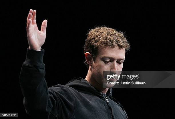 Facebook founder and CEO Mark Zuckerberg delivers the opening keynote address at the f8 Developer Conference April 21, 2010 in San Francisco,...