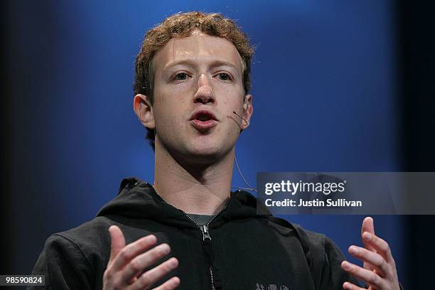 Facebook founder and CEO Mark Zuckerberg delivers the opening keynote address at the f8 Developer Conference April 21, 2010 in San Francisco,...