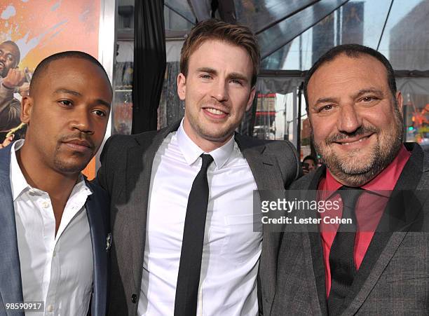 Actors Columbus Short and Chris Evans and producer Joel Silver arrive at "The Losers" Premiere at Grauman�s Chinese Theatre on April 20, 2010 in...