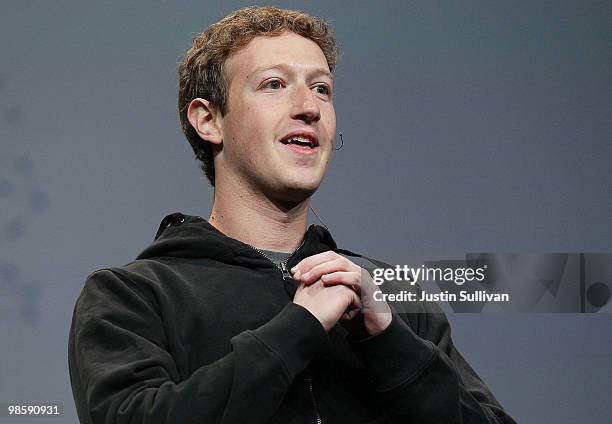 Facebook founder and CEO Mark Zuckerberg delivers the opening keynote address at the f8 Developer Conference April 21, 2010 in San Francisco,...