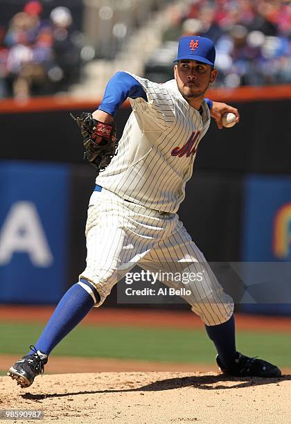 Oliver Perez of the New York Mets pitches against the Washington Nationals during their game on April 10, 2010 at Citi Field in the Flushing...