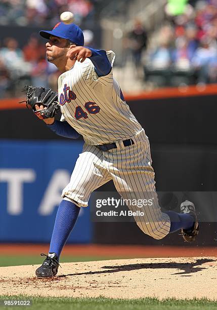 Oliver Perez of the New York Mets pitches against the Washington Nationals during their game on April 10, 2010 at Citi Field in the Flushing...