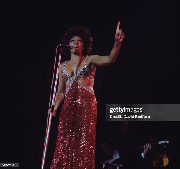 Welsh singer Shirley Bassey on stage during a live concert performance in Bournemouth, England, Great Britain, in October 1974.