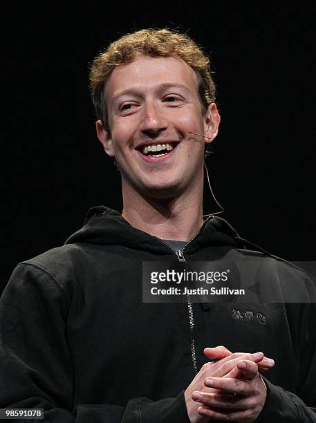 Facebook founder and CEO Mark Zuckerberg delivers the opening keynote address at the f8 Developer Conference April 21, 2010 in San Francisco,...