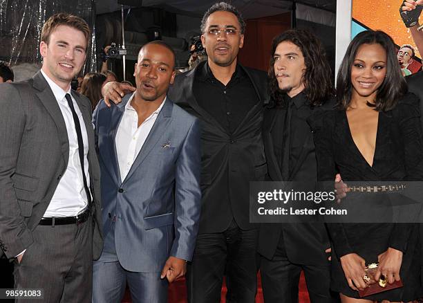 Actors Chris Evans, actor Columbus Short, director Sylvain White, actor Oscar Jaenada and actress Zoe Saldana arrive at "The Losers" Premiere at...