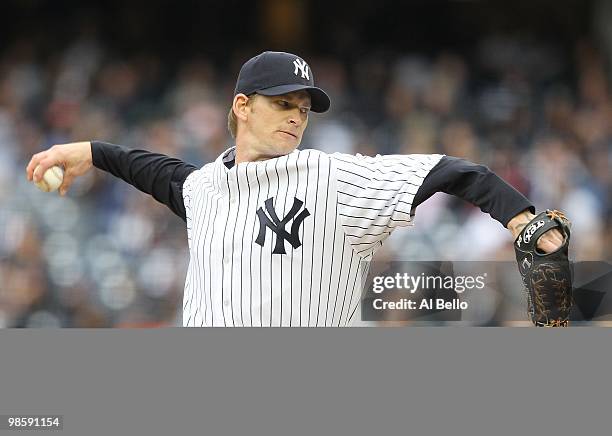 Phil Hughes of The New York Yankees pitches against The Los Angeles Angels during their game on April 15, 2010 at Yankee Stadium in the Bronx Borough...