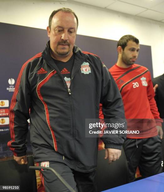 Liverpool 's Spanish manager Rafael Benitez and Liverpool's Argentinian midfielder Javier Mascherano arrive to give a press conference before a...