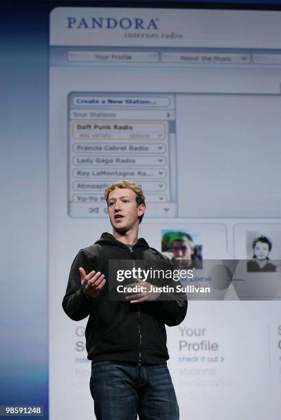 Facebook founder and CEO Mark Zuckerberg delivers the opening keynote address at the f8 Developer Conference April 21, 2010 in San Francisco,...