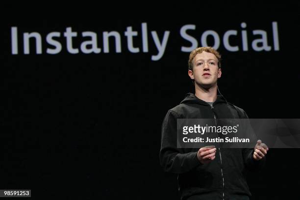 Facebook founder and CEO Mark Zuckerberg delivers the opening keynote address at the f8 Developer Conference April 21, 2010 in San Francisco,...