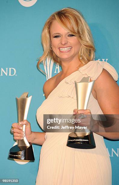 Musician Miranda Lambert winner of Album Of The Year and Video Of The Year poses in the press room during the 45th Annual Academy of Country Music...