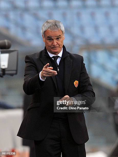 Head coach of Roma Claudio Ranieri gestures during the Tim Cup between Udinese Calcio and AS Roma at Stadio Friuli on April 21, 2010 in Udine, Italy.