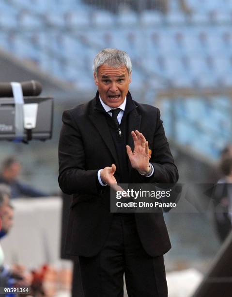 Head coach of Roma Claudio Ranieri gestures during the Tim Cup between Udinese Calcio and AS Roma at Stadio Friuli on April 21, 2010 in Udine, Italy.