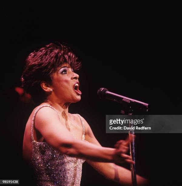 Welsh singer Shirley Bassey performs live on stage at the Royal Albert Hall in London in April 1986.