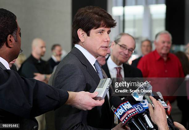 Former Illinois Governor Rod Blagojevich talks to the press at the Dirksen Federal Building following a hearing on April 21, 2010 in Chicago,...