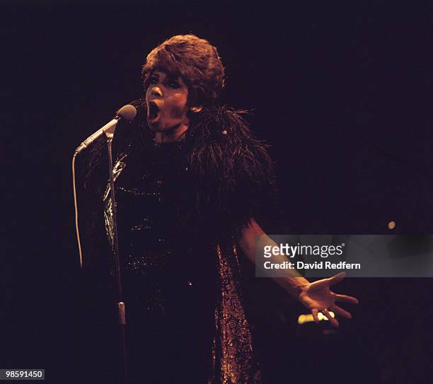 Welsh singer Shirley Bassey performs live on stage at the Royal Albert Hall in London, England in 1976.