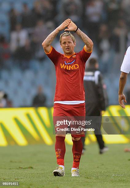 Philippe Mexes of Roma applaud the fans at the end the Tim Cup between Udinese Calcio and AS Roma at Stadio Friuli on April 21, 2010 in Udine, Italy.