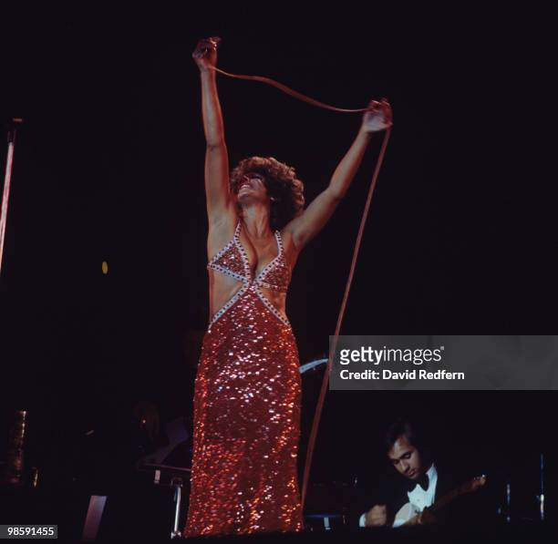 Welsh singer Shirley Bassey on stage during a live concert performance in Bournemouth, England, Great Britain, in October 1974.