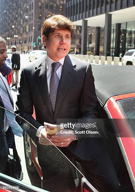 Former Illinois Governor Rod Blagojevich leaves the Dirksen Federal Building following a hearing on April 21, 2010 in Chicago, Illinois....