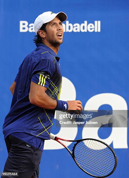 Fernando Verdasco of Spain follows the ball played to Richard Gasquet of France on day three of the ATP 500 World Tour Barcelona Open Banco Sabadell...