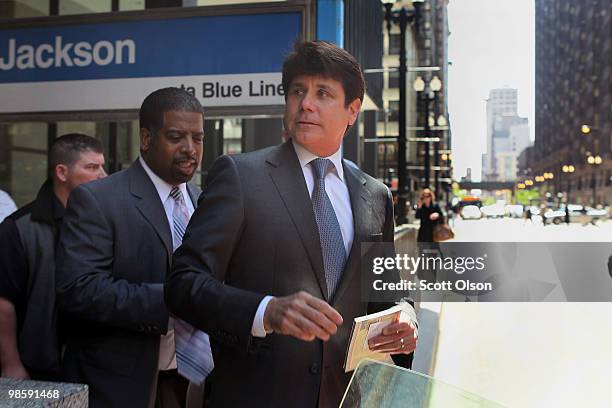 Former Illinois Governor Rod Blagojevich leaves the Dirksen Federal Building following a hearing on April 21, 2010 in Chicago, Illinois....