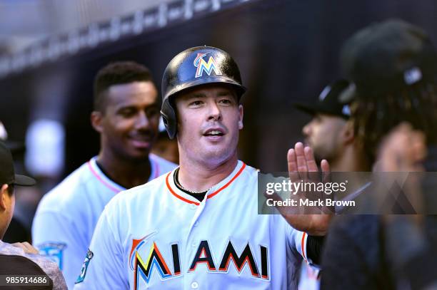 Justin Bour of the Miami Marlins in action during the game against the Arizona Diamondbacks at Marlins Park on June 25, 2018 in Miami, Florida.