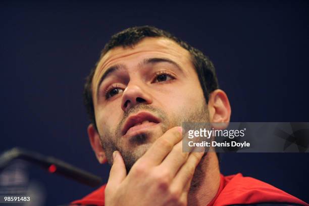 Javier Mascherano of Liverpool answers a question during the team press conference at the Vicente Calderon stadium on April 21, 2010 in Madrid,...