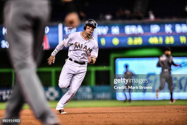 Derek Dietrich of the Miami Marlins in action during the game against the Arizona Diamondbacks at Marlins Park on June 25, 2018 in Miami, Florida.