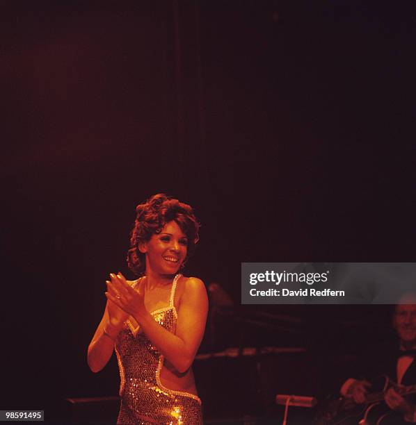 Welsh singer Shirley Bassey performs live on stage circa 1970.